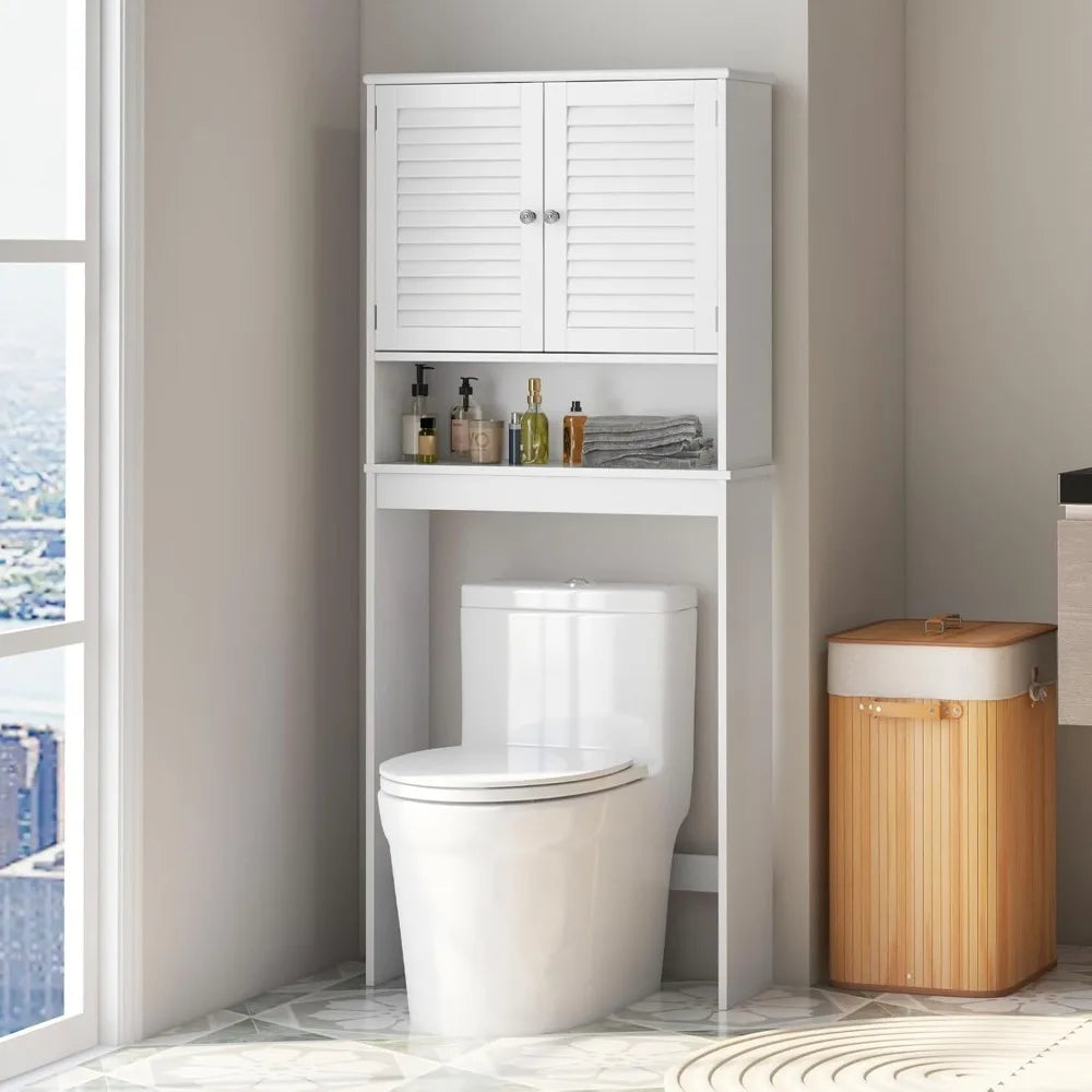 Over The Toilet Storage Cabinet, 3-Tier Over Toilet Bathroom Organizer with 2 Louvered Doors, Adjustable Shelf, Freestanding