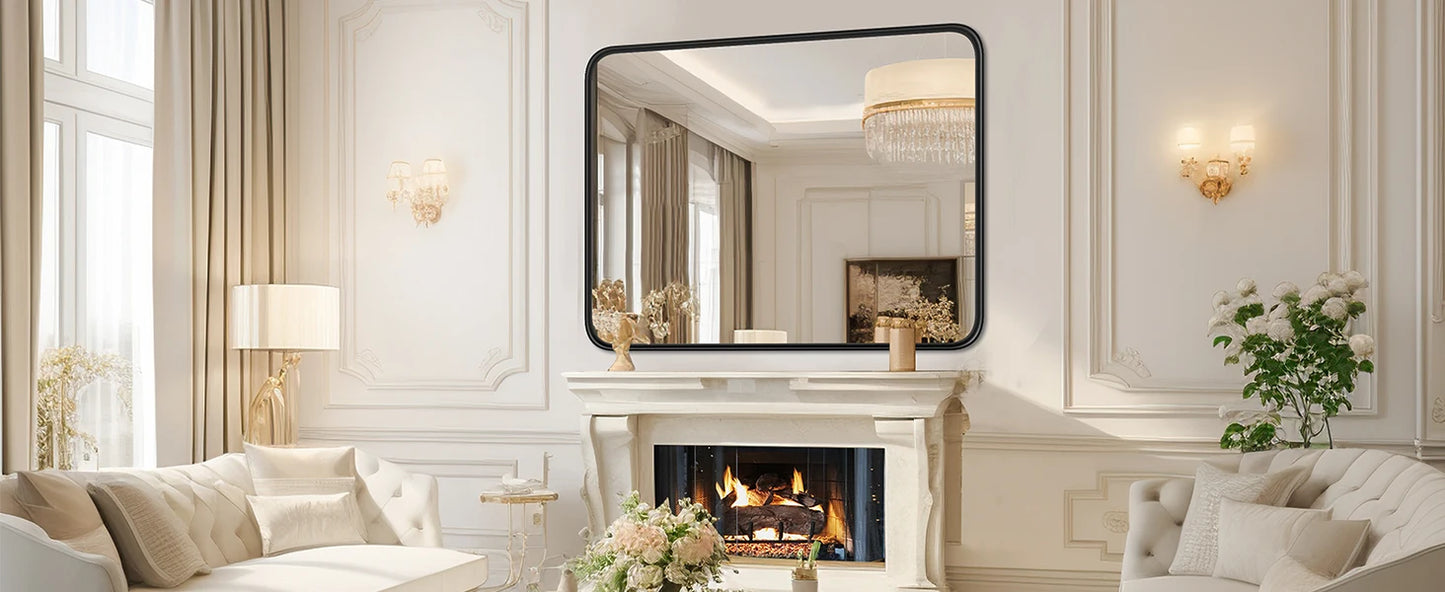 JHK 24x36 Inch Matte Metal Framed Living Room, Hallway, Bathroom Wall Mirror Vanity Rectangle Rounded Corner Tempered Glass Mirror Clear Reflection
