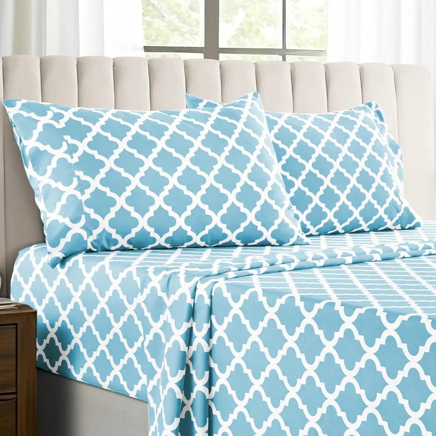 Lux Décor 4Pc Quatrefoil Sheet Set – Soft Microfiber, Wrinkle-Free, Luxurious Printed Bed Sheets