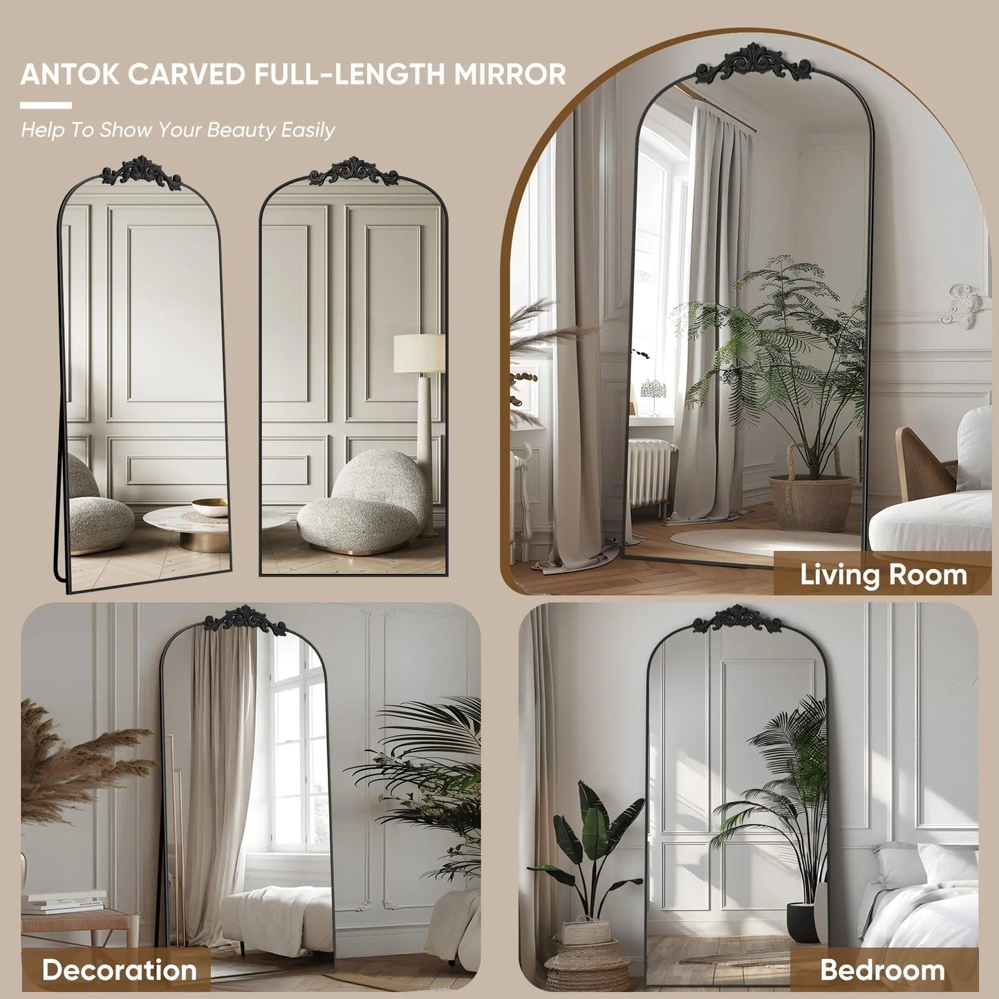 Antok Full Length Mirror, 71"x28" Floor Mirror with Carved Standing Halling for Bedroom Living Room Cloakroom