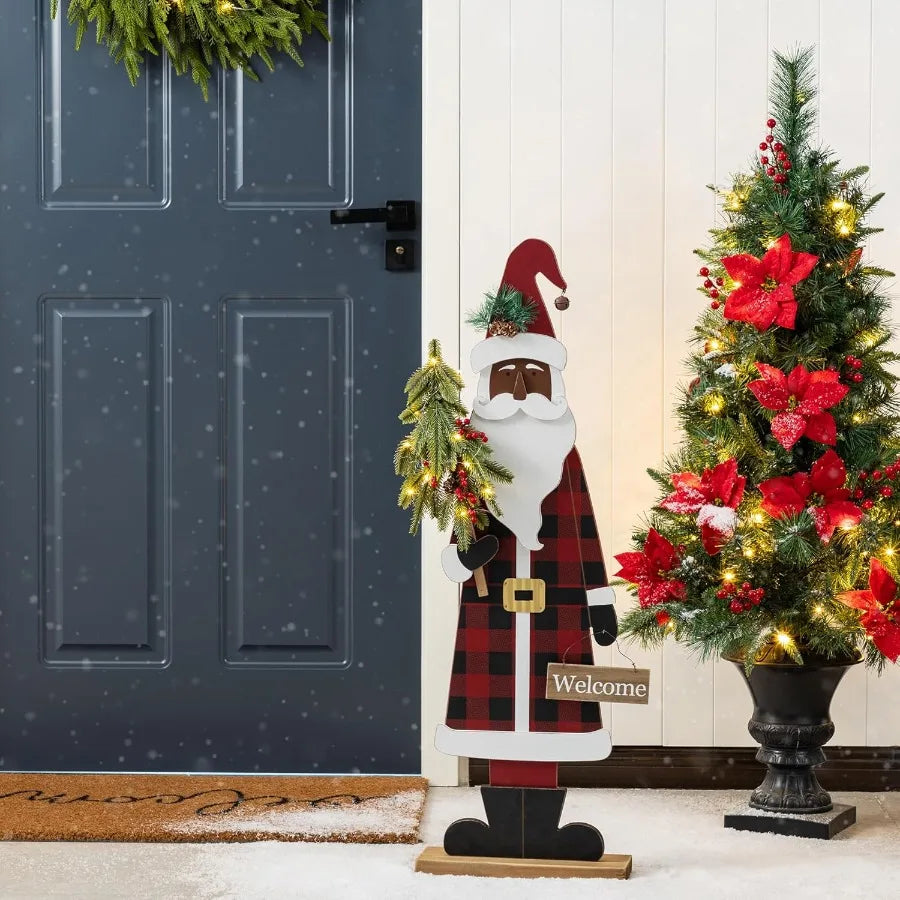 36''H Lighted Wooden Santa Claus Decor with Timer and LED Lights for Outdoor Porch Decoration During Christmas Season Featuring