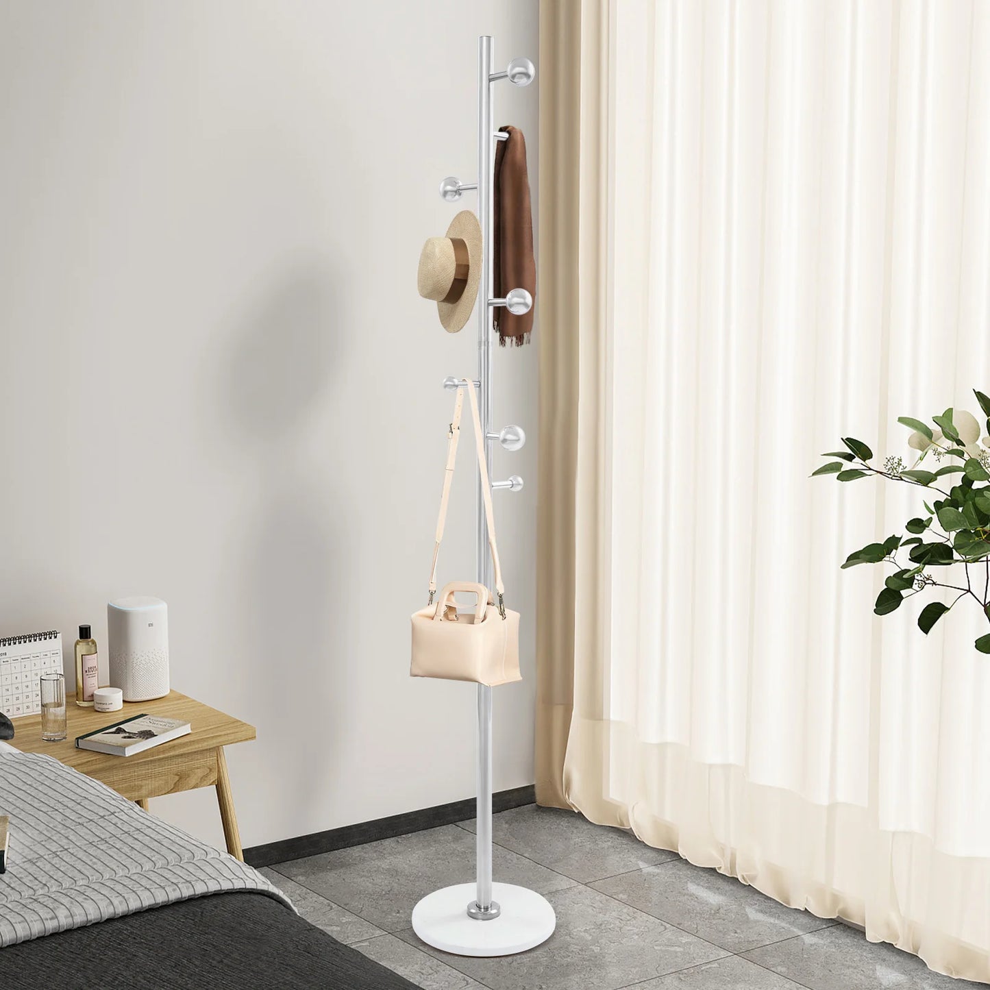Modern 8-Hook Coat Stand Rock Base Free-Standing Organizer for Hats/Scarves/Bags for Hallway/Bedroom Organization
