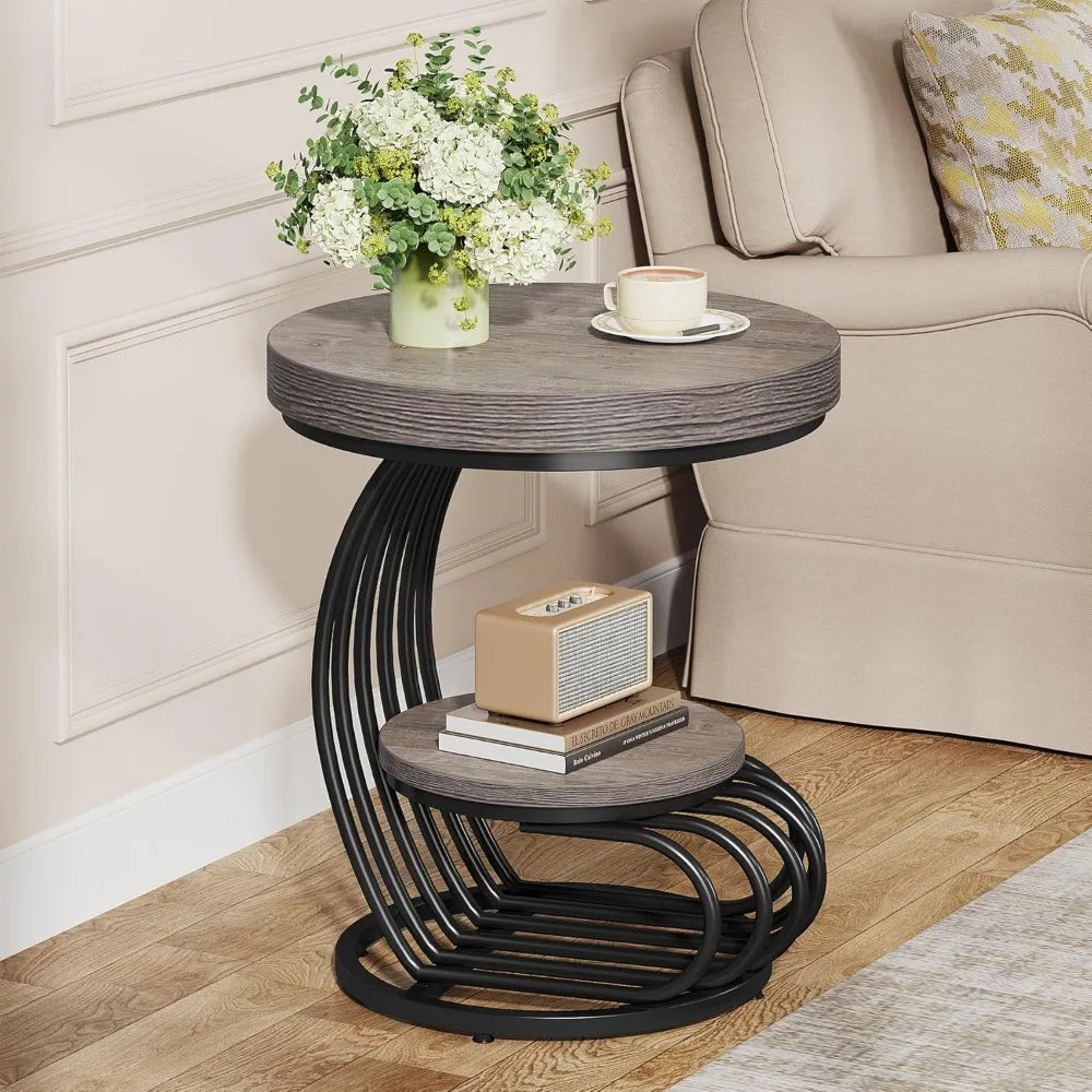 Round End Table, 2-Tier Farmhouse Wood Side Table with Shelf Storage, Small Sofa Side Bedside Nightstand, Arc-Shaped