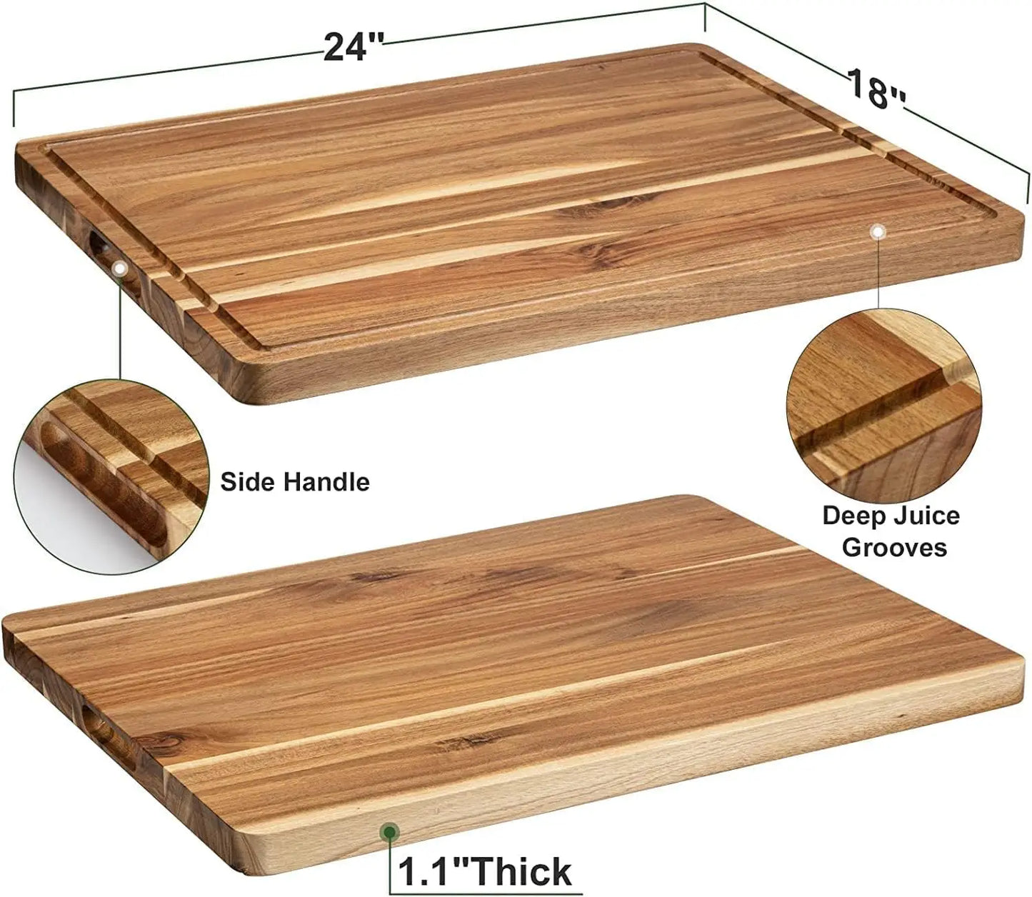 Acacia Wooden Cutting Board For Kitchen Thick Chopping Board With Side Handles & Water Grooves, Butcher Block Cutting Board