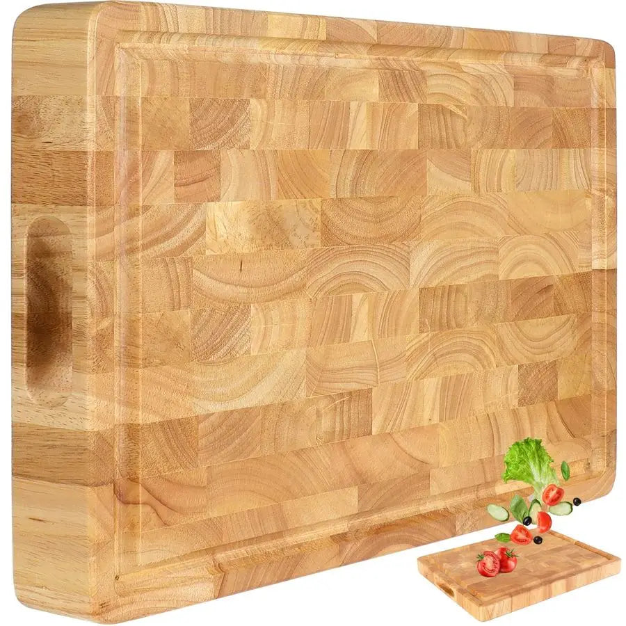 Butcher Block End Grain Cutting Board 17x13x1.5in Reversible Multipurpose Chopping Board with Juice Groove, Cracker Holder