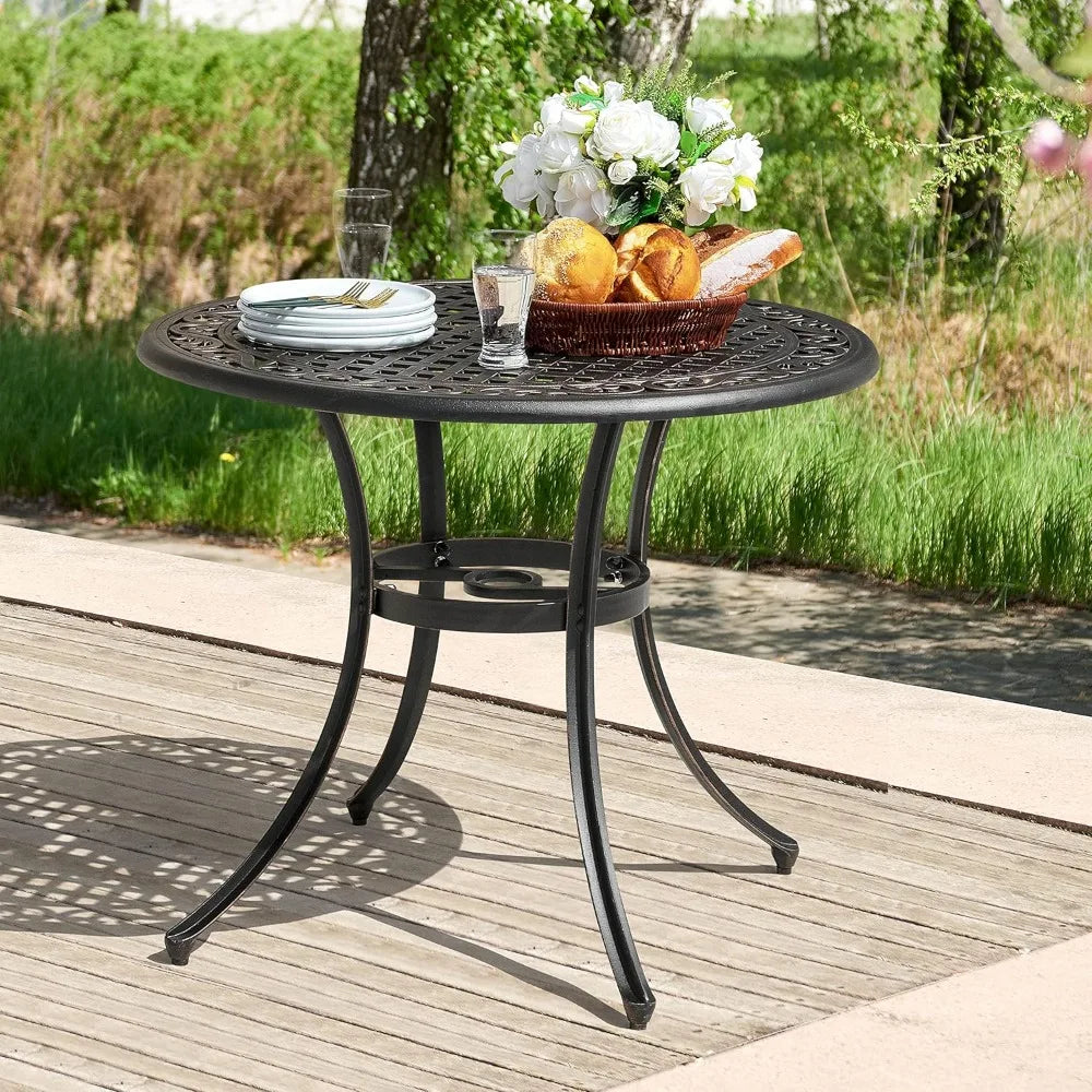 NUU GARDEN 35 Round Patio Bistro Table, Cast Aluminum Round Outdoor Bistro Table with Umbrella Hole for Poolside, Deck, Porch