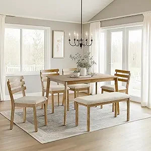 4-Piece Farmhouse Dining Set, Wooden Table with 2 Chairs, Bench Seat, Mid-Century Modern Wooden Table & Upholstered Chair Set