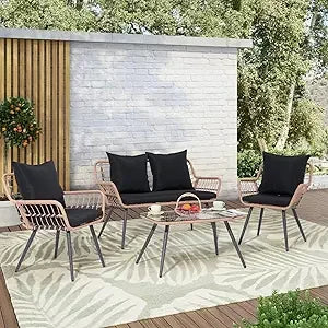 Verano Garden 4 Pieces Patio Furniture Set, Outdoor Wicker Patio Conversation Set for Porch Deck, Boho Loveseat & 2 Armchairs