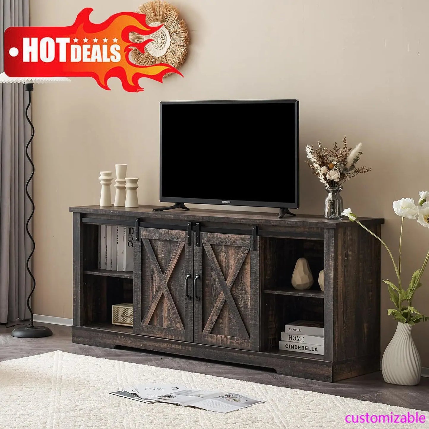 66" Farmhouse TV Stand for 75 Inches TVs, Console Table with Storage, Dark Rustic Oak