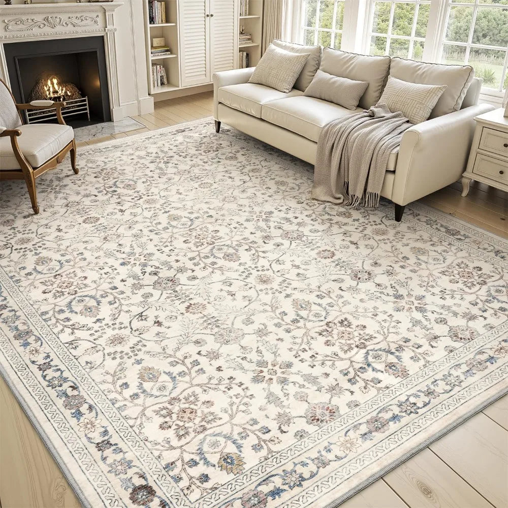 Vintage Area Rug 5X7 Beige Rugs for Living Room-Soft Distressed Printed Rugs for Bedroom-Non Slip Carpet-Machine Washable