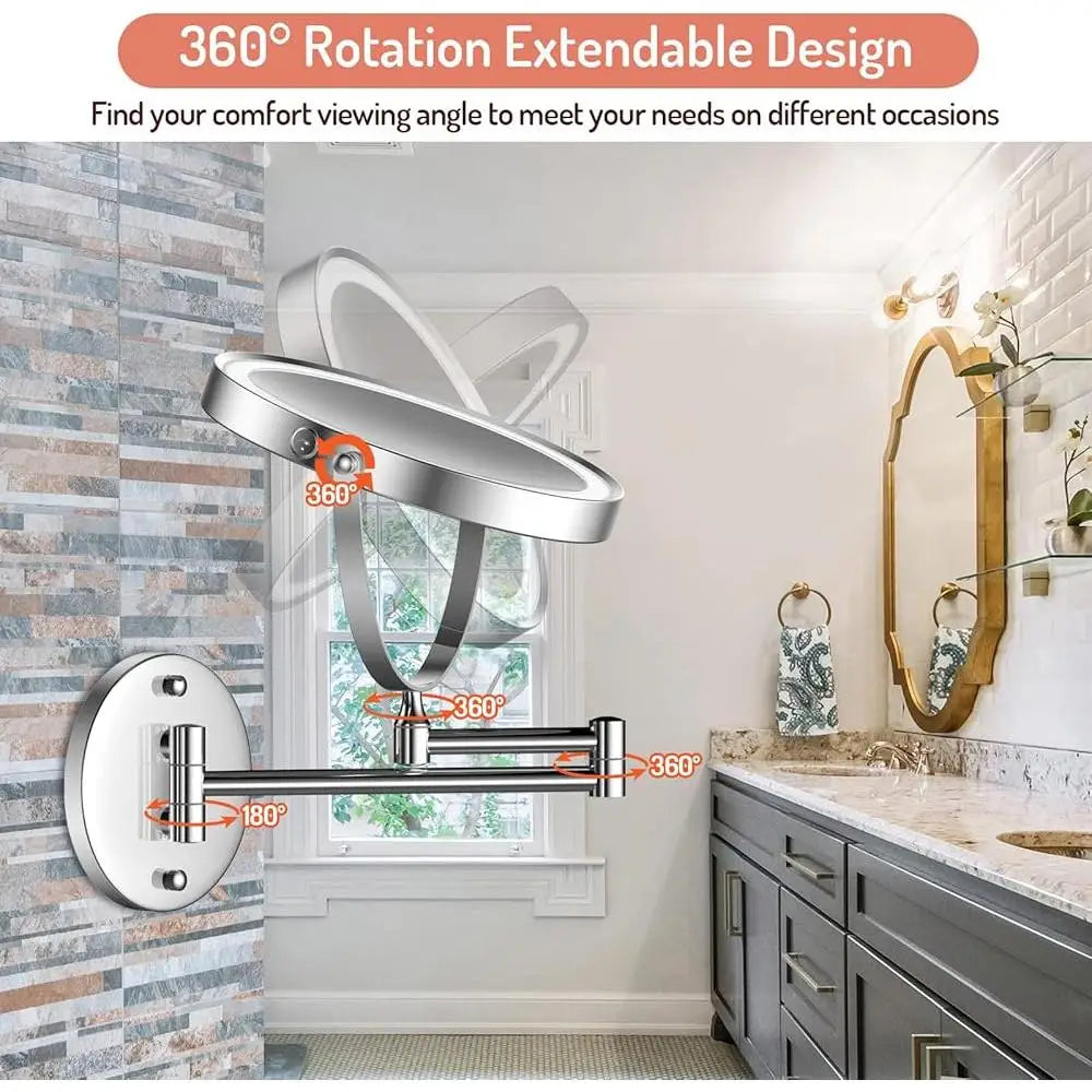 Rechargeable Wall Mounted Makeup Mirror 8 inch Double-Sided 1X 10X Magnification 3 Color Light Modes Adjustable Brightness