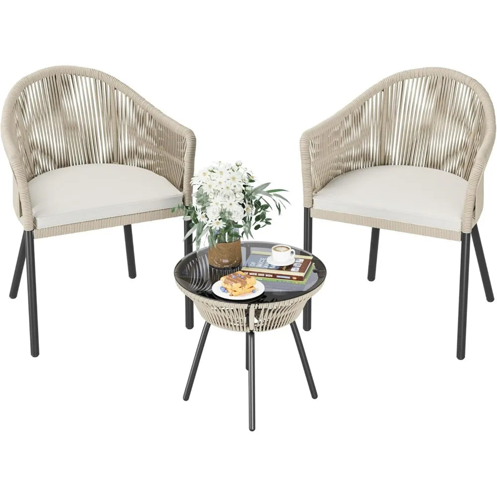 Patio Furniture Set 3 Pieces Rope Woven Bistro Set Outdoor Conversation Set with 2 Wide Chairs,Cushions and Tempered Glass Table