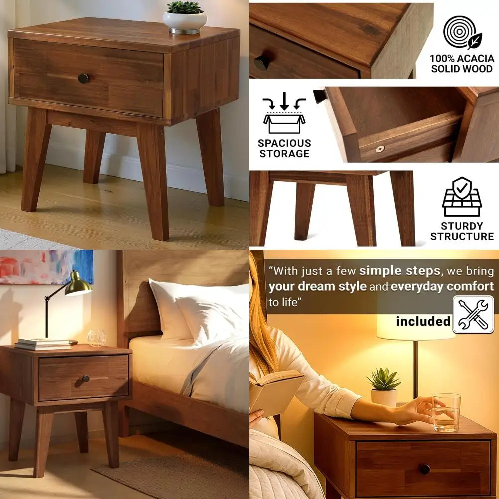 solid wood acacia sofia nightstand, drawer storage, bedroom side table in walnut finish