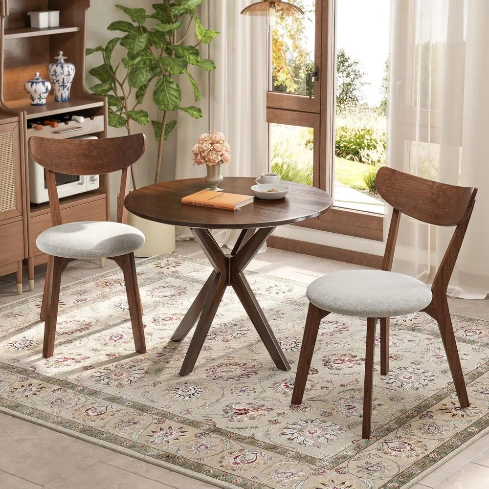 mid-century modern round dining table set for 2, wooden kitchen table & 2 chairs with cushioned seats, compact 3-piece dining set