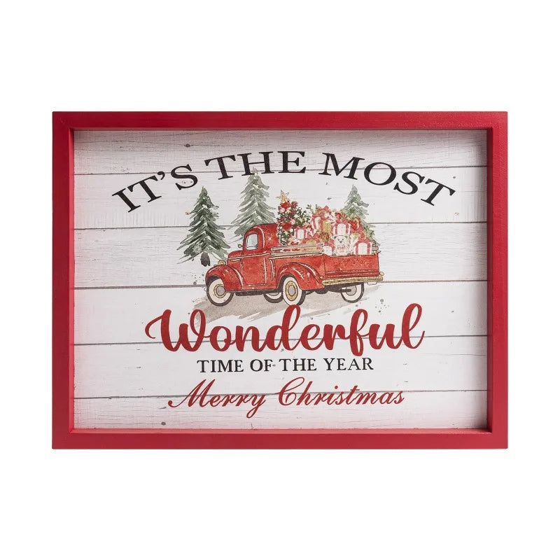 Red Truck Christmas Wall Decor, Wooden Its The Most Wonderful Time Of The Year Sign, Rustic Holiday Wall Art Framed Home