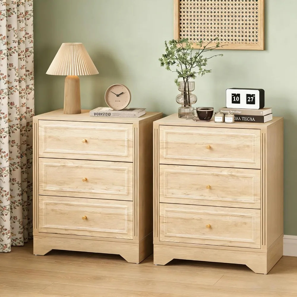 Nightstand Set of 2, Wooden 3-Drawer Bedside Table with Carved Sides, 23-inch Wide End Table with Stable Base, Small,Customized