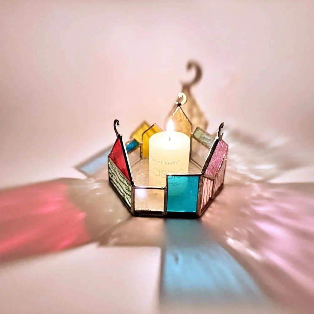 Handmade Votive Stained Glass Candle Holder - Castle & Moon Design,1 Pack Exquisite Tealight Candle Holder