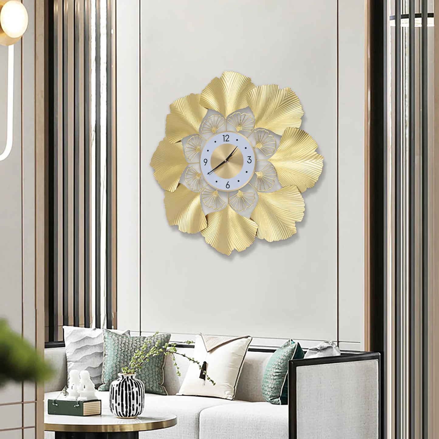Ginkgo Biloba Wall Clock 3D Creative ginkgo biloba wall clock Gold Dial Design Silent Sweep Seconds Movement Digital Display