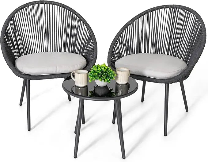 3 Piece Outdoor Bistro Set, Woven Rope Conversation Patio Set, All Weather Patio Furniture Chairs and Table with Cushions (Multiple colors)