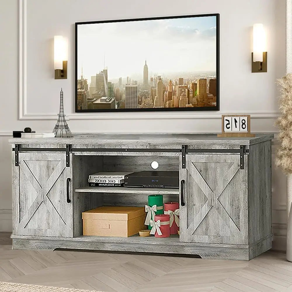 Rustic Grey 65 TV Stand with Storage and Barn Door Table for Living Room Entertainment