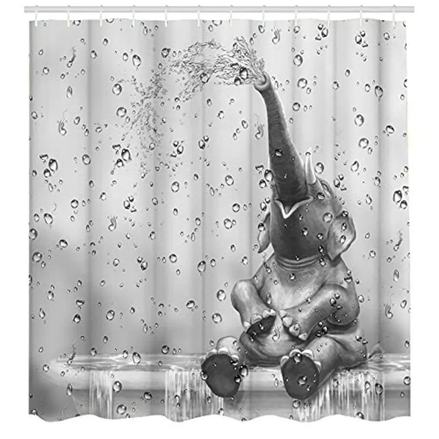 African Elephant Shower Curtain Funny Elephant Taking Shower Bathroom Curtain Cute Wild Animal on Raindrop Background Bath Curtain