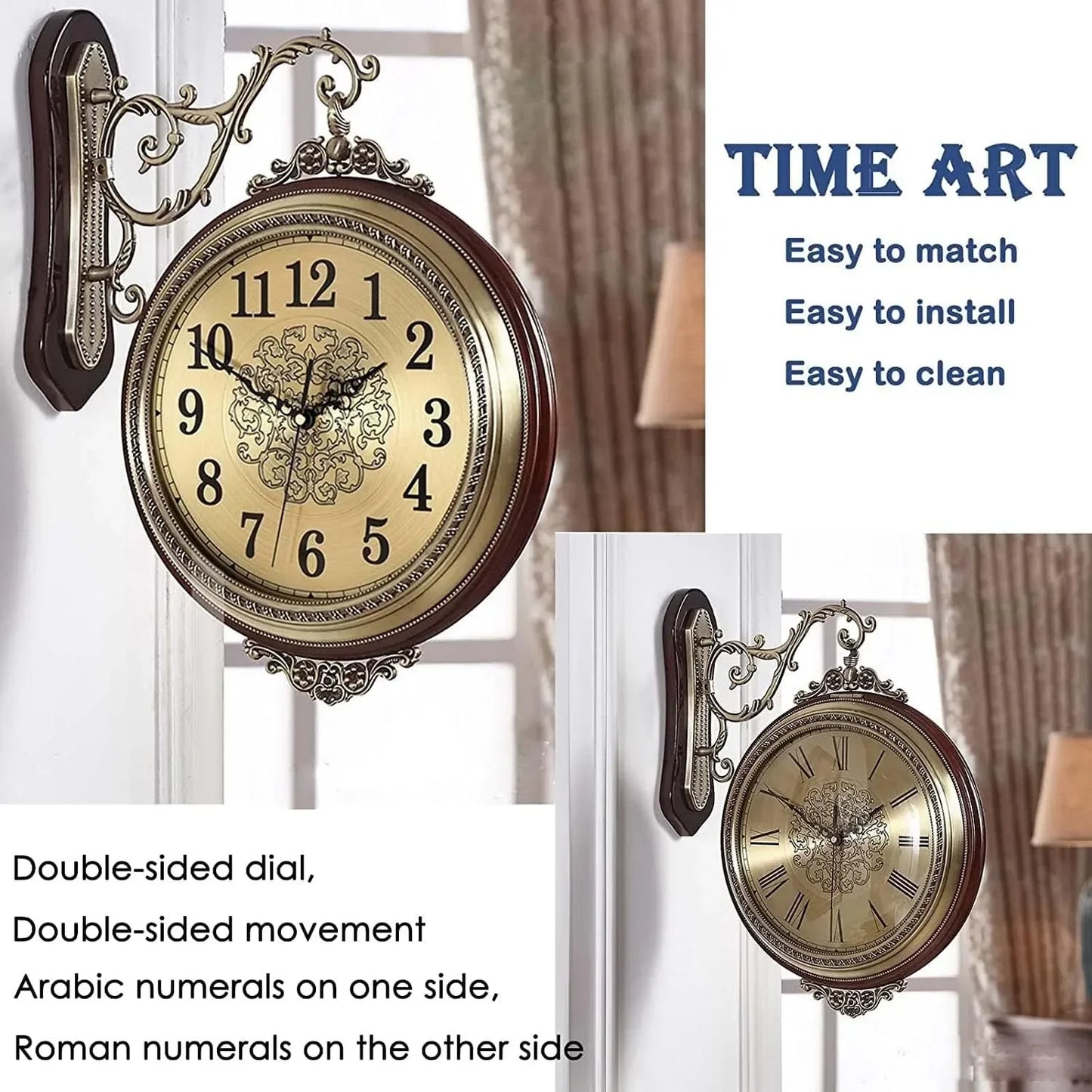 Large Wall Clock Double Sided, European Style Alloy Wall Clock Non Ticking Silent Clock for Indoor, Office, Living Room