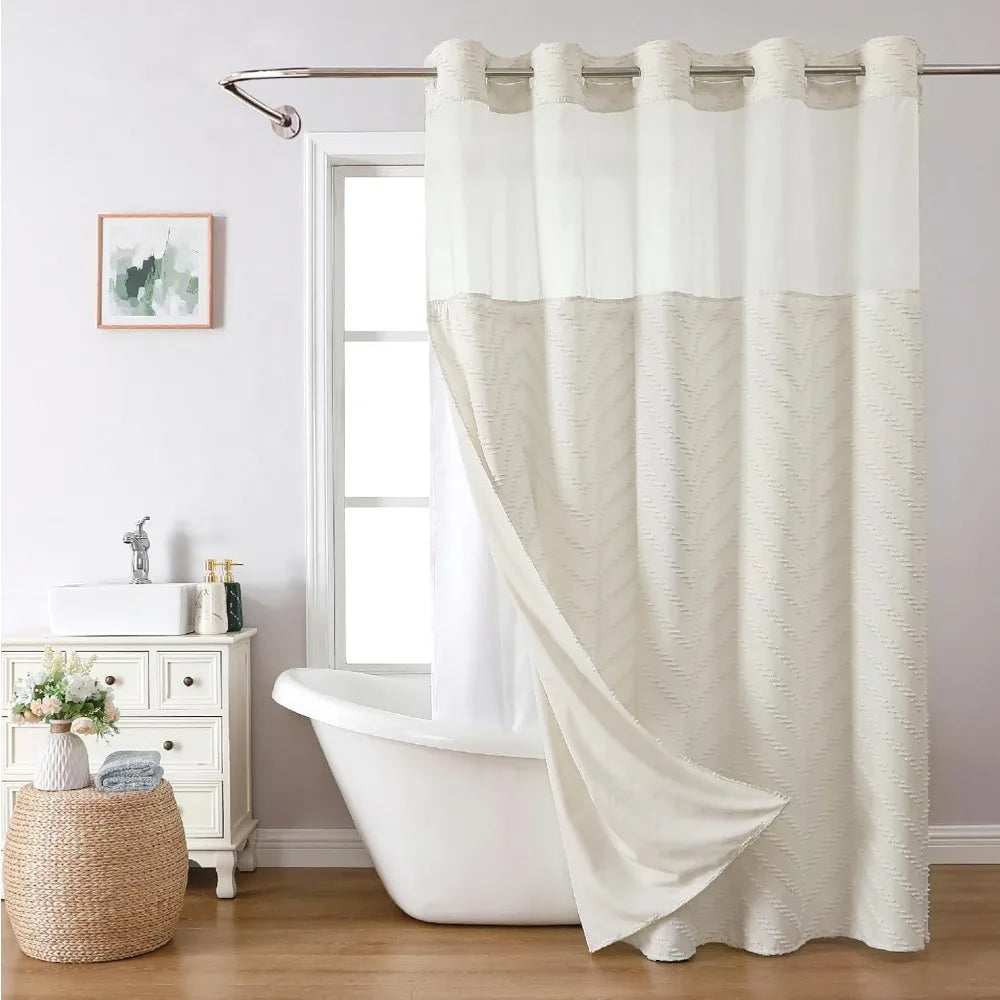 extra long no hook tufted chevron striped shower curtain with snap-in fabric liner set-71wx98h(96h),tall hotel grade boho style