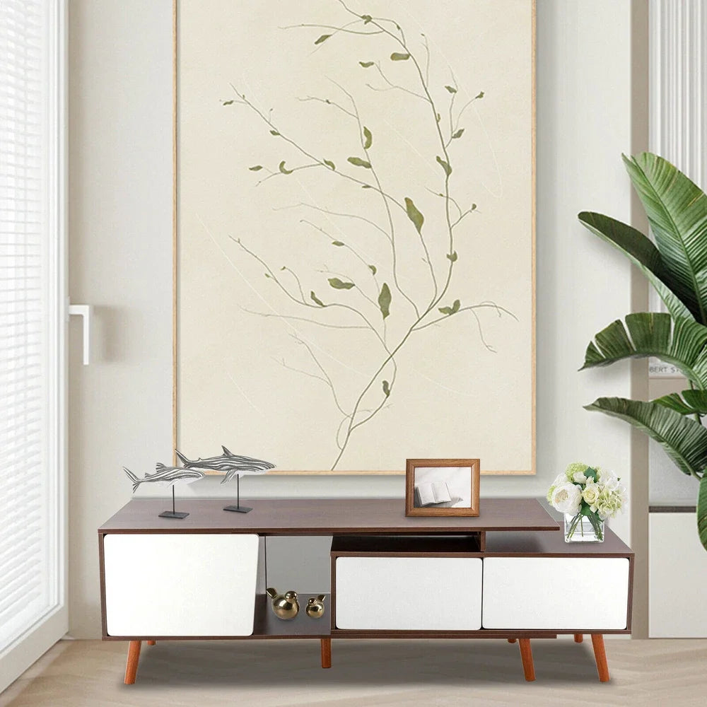 Adjustable Large-Capacity TV Cabinet TV Stand, Walnut & White, Solid Wood 47.2-78.7" Length, Modern Living Room Storage