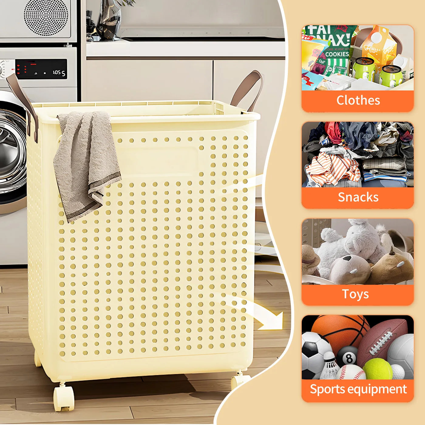 Laundry Basket Plastic Large With Wheel Foldable Clothing Storage Hamper Removable Organization Portable For Balcony Bathroom