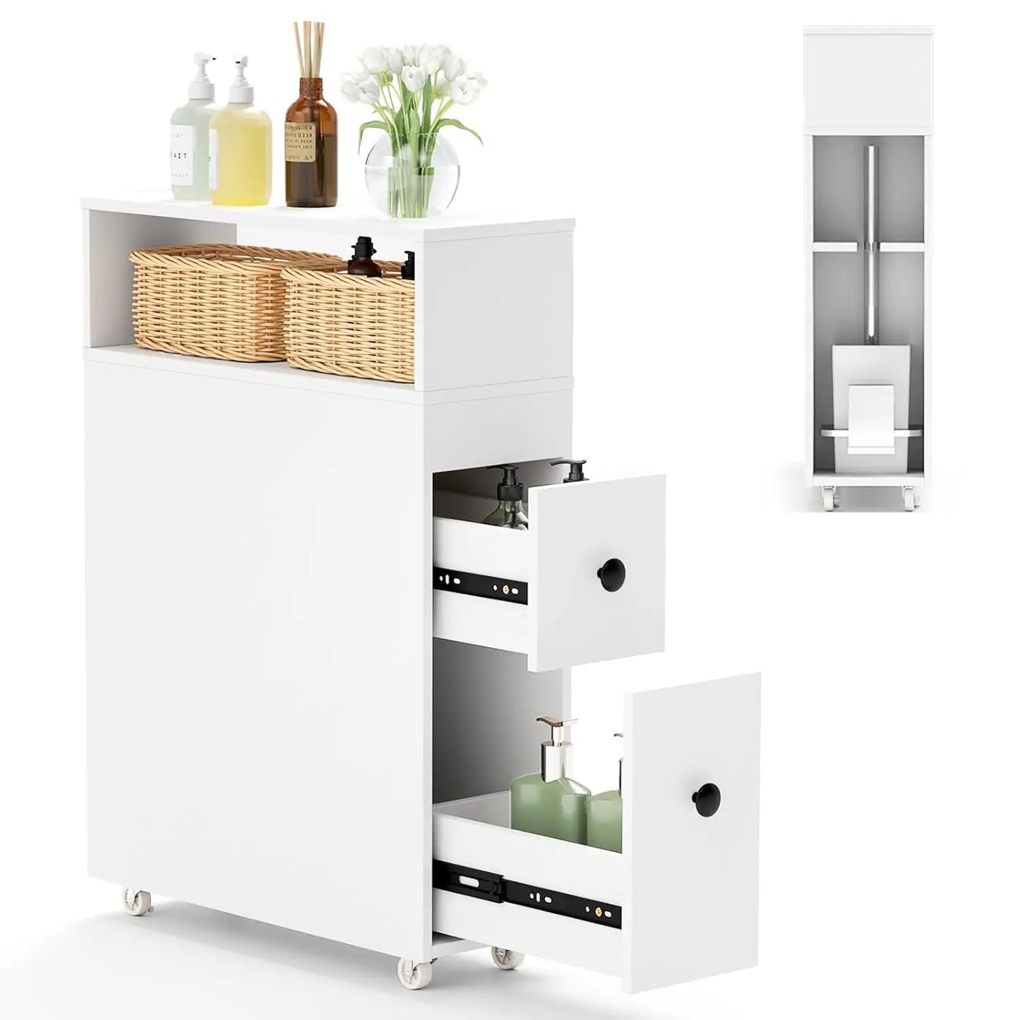 Slim Bathroom Storage Cabinet with Wheels, Narrow Toilet Side Cabinet with Drawers, Removable Storage Baskets,,