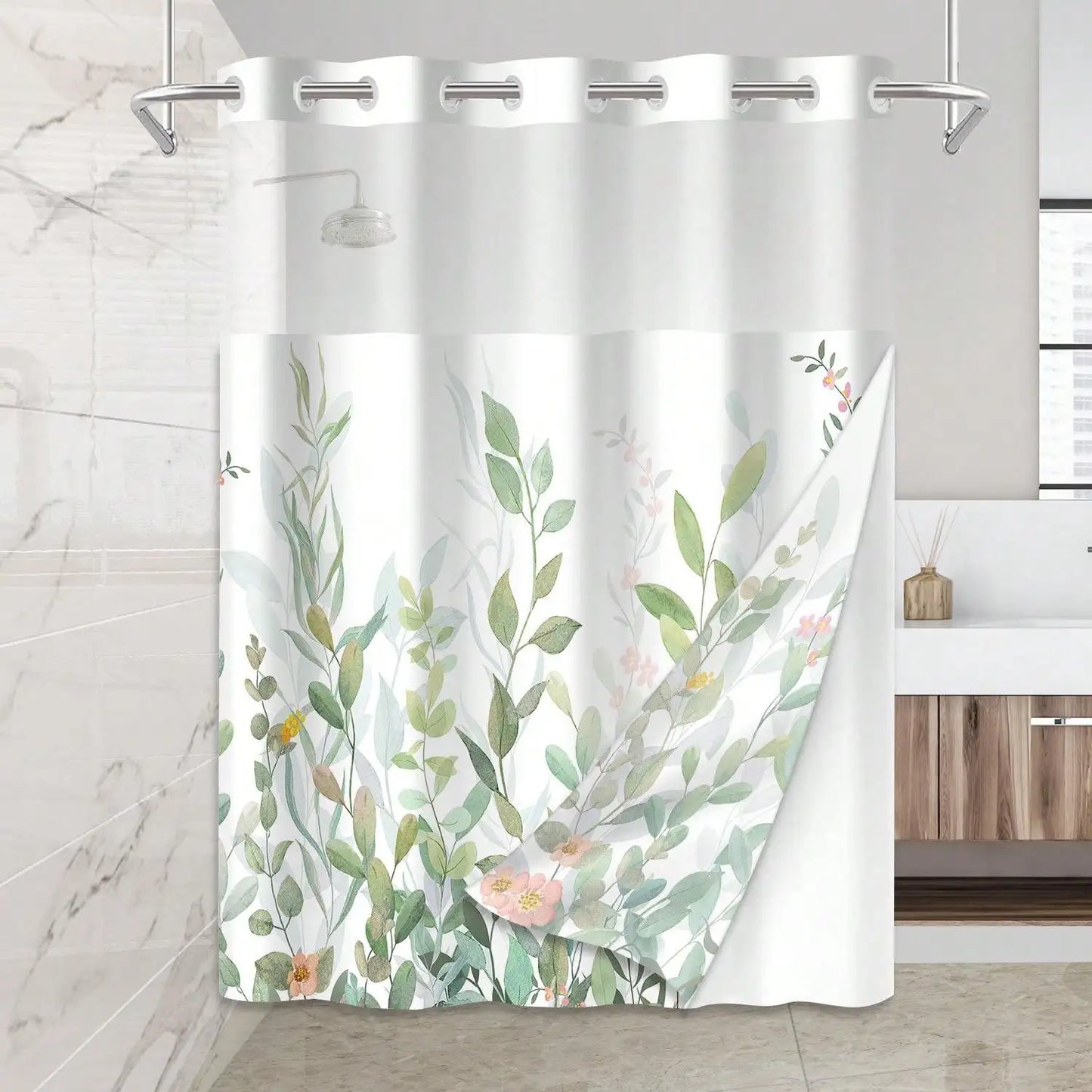 Plants Pattern No Hook Waterproof Shower Curtain, Removable With , Perfect For Bathroom Decor In Winter, Modern & Simple Design