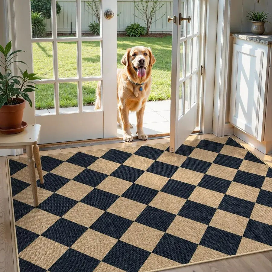 Checkered Easy Jute 3x5 Outdoor Patio Rug, Washable Rugs for Entryway Diamond Indoor Outdoor Living Room Carpet