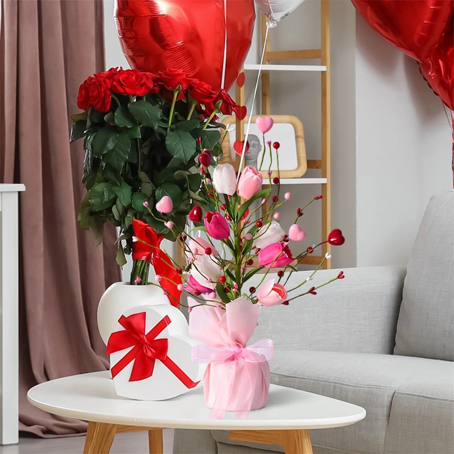 Valentine s Day Decorative Artificial Flower Bouquet with Heart-Shaped Tulips for Home Desktop Decoration