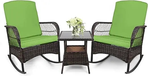 3 pcs Rocking Bistro Set Conversation Chairs PE Wicker Outdoor Rocking Chairs & Glass Table,for Porch Lawn Garden Backyard Deck