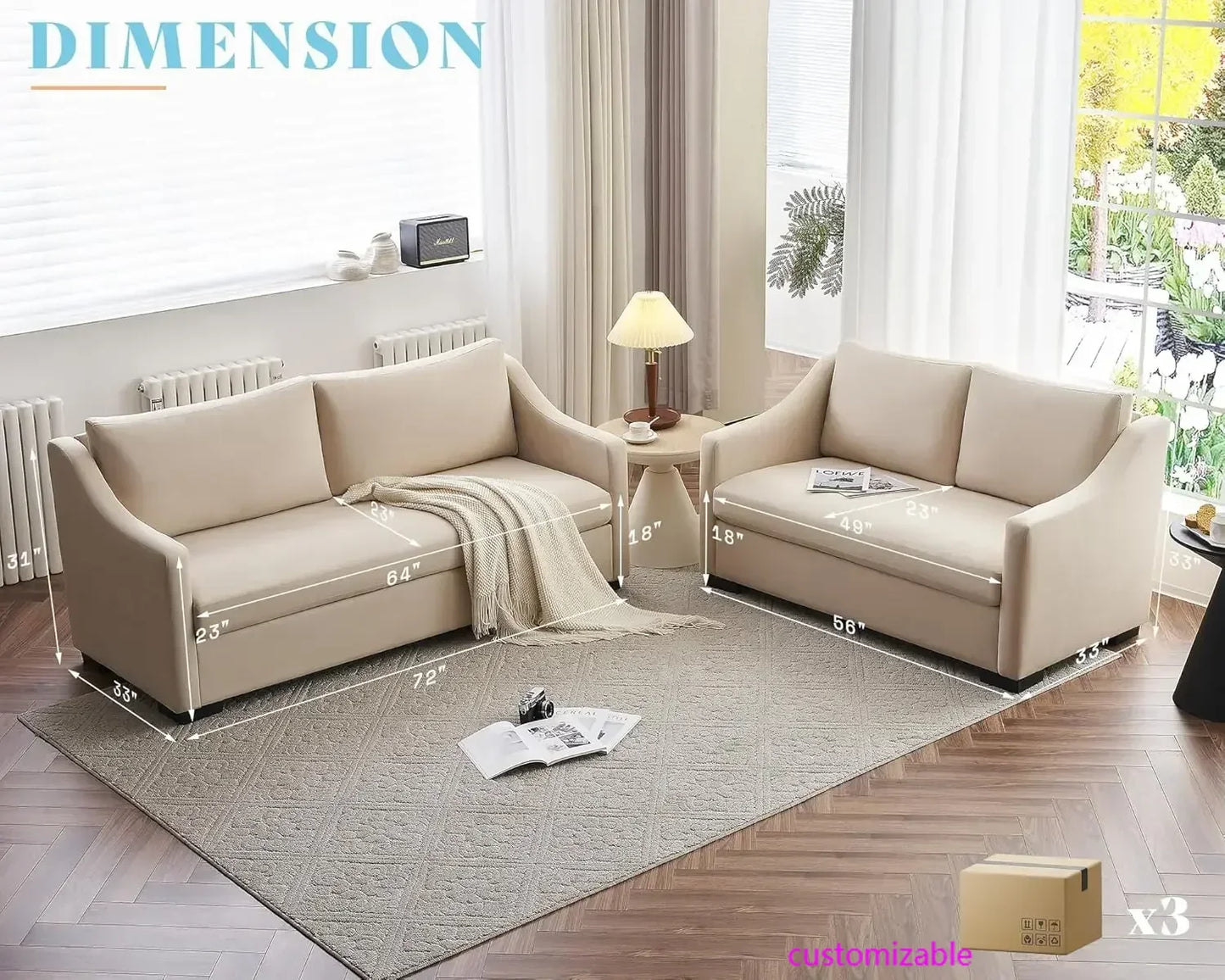 Couch,Comfy Sofa Couch with Slope Armrests, 2 Piece Set Extra Deep Seat Sofa for Living Room, Apartment, Lounge Room,Beige