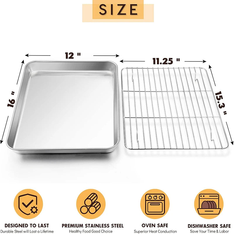 430Stainless Steel Baking Pan with Drain Rack - Multi-Purpose Oven Cookie Sheet &Roasting Pan for Baking, Grilling and Food Prep