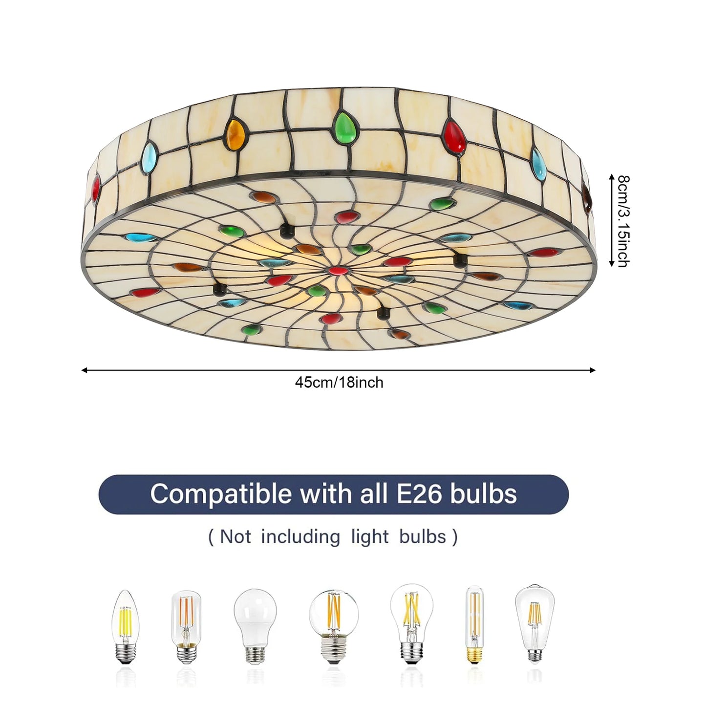 3 Light Ceiling Lamp 18inch Vintage LED Tiffany Ceiling Light Stained Glass Handmade Retro Flush Fixture for Bedroom Hallway