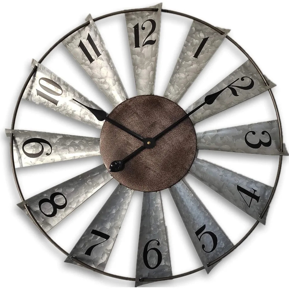 30inch Windmill Distressed Metal Wall Clocks Rustic Large Decorative Clock Oversized Farmhouse Decor, Non Ticking, Battery
