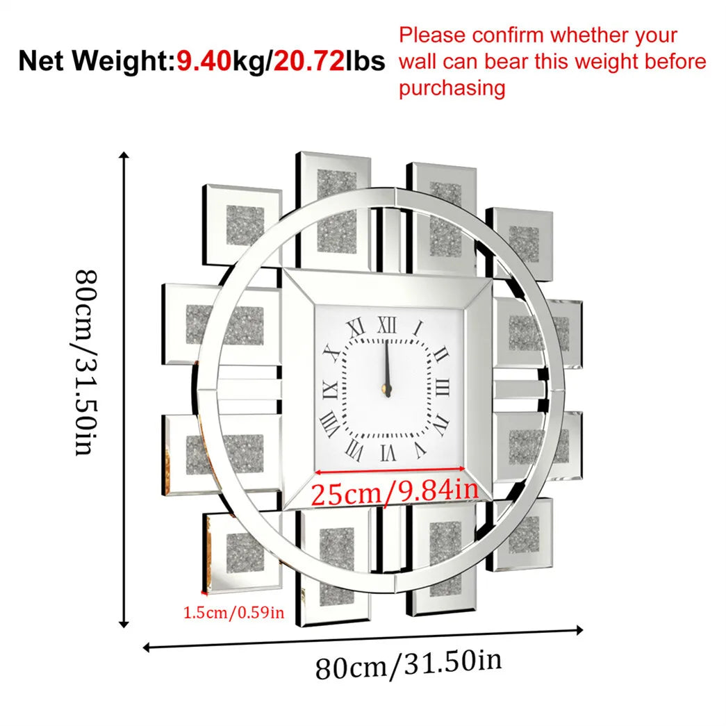 Large Wall Clock Heavy Duty 80 CM / 31.5 IN Crushed Diamond Mirrored Clock Silver / Gold Sparkling Twinkle Bling Home Decor