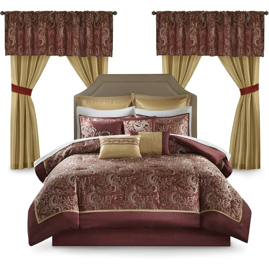 King Size Faux Silk Comforter Set with Jacquard Paisley Design and Matching Curtains Red Down Alternative Hypoallergenic