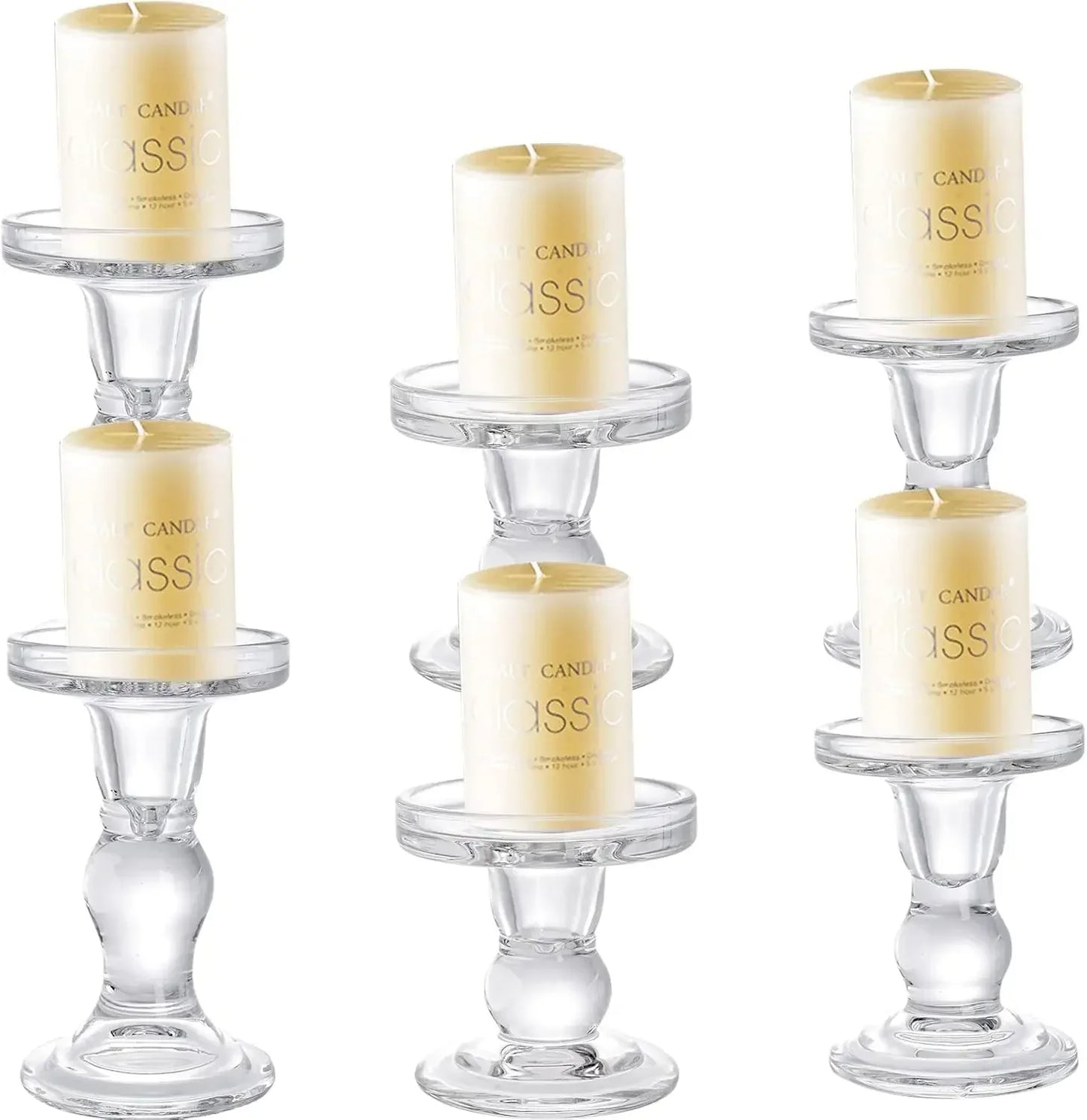 Set of 6 Glass Candle Holders, Clear Pillar Taper Candlestick Crystal Tealight Candle Holder Stand for Dinner Table, Wedding