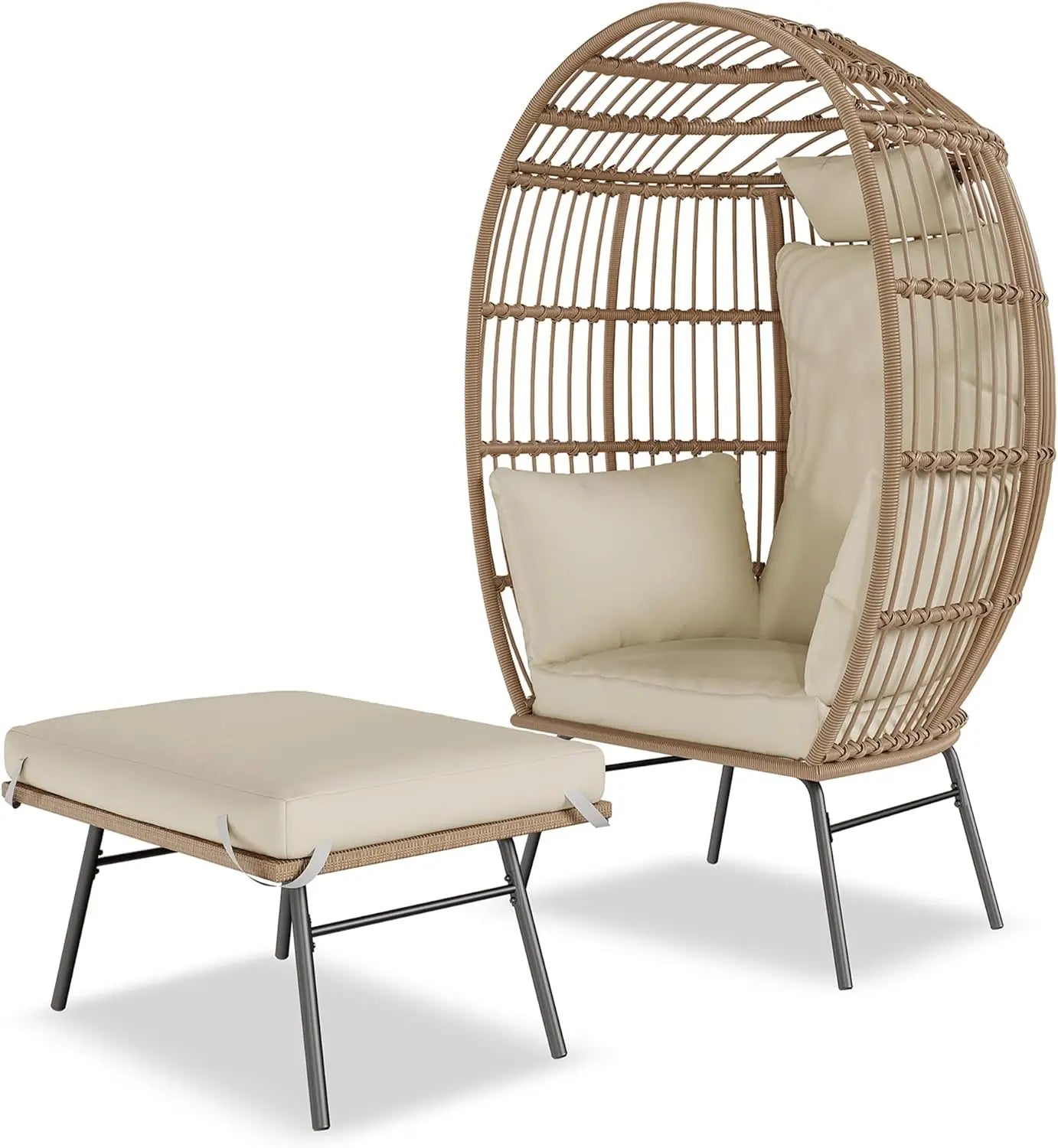 Wicker Egg Chair with Ottoman, Waterproof UV Resistant Patio Lounge Chair with Cushions, Accent Furniture for Garden, Balcony