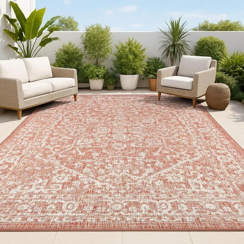 Medallion Indoor Outdoor Area Rug 8X10 Red/Taupe, Malta Textured Weave for Backyard, Patio, Porch, Easy-Clean, High Traffic