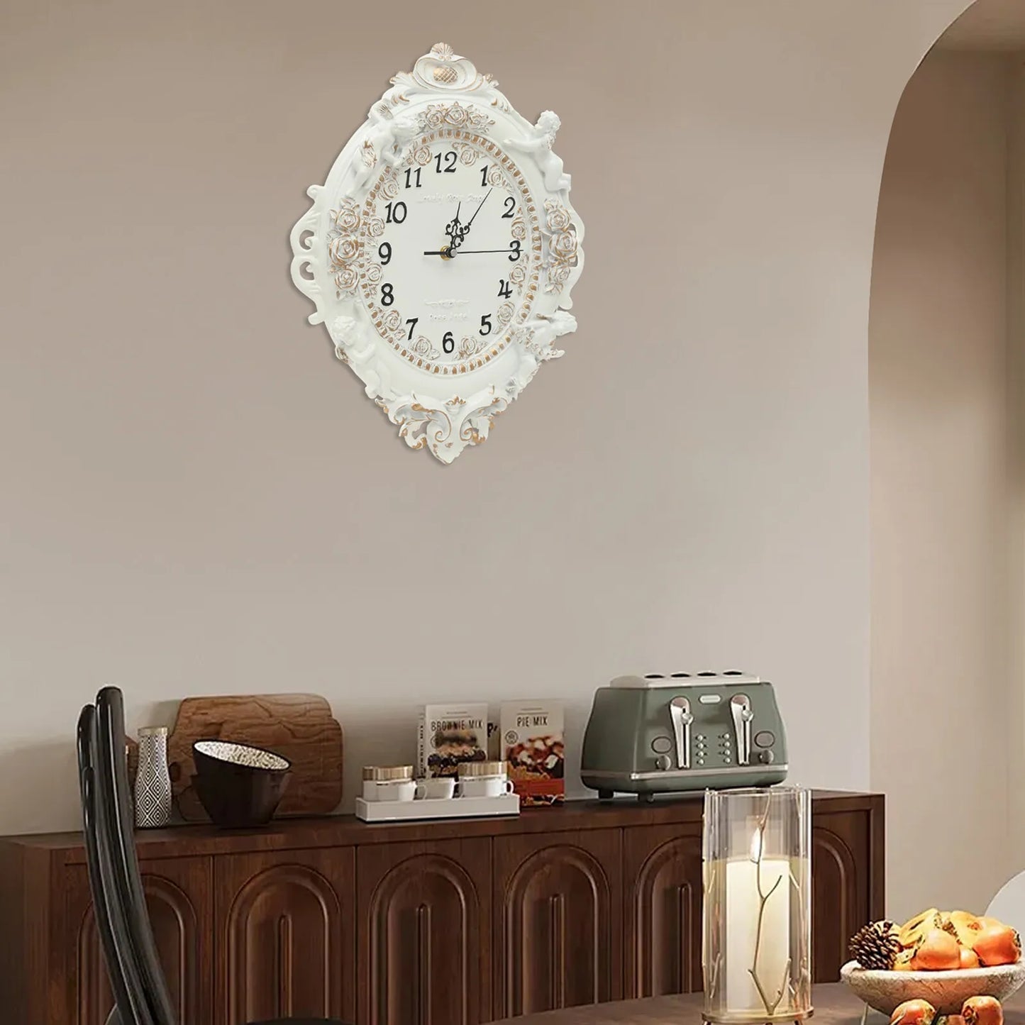 European Style Wall Clock Wall-Mounted Numbers, For Bedroom, Office, White