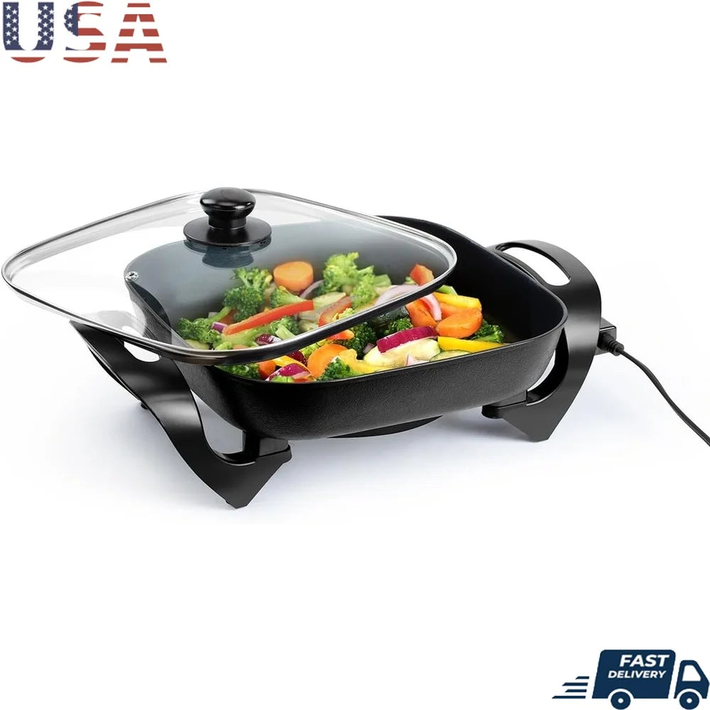 12 Inch Electric Skillet Multi Function Cooker 1400W Non Stick Surface Adjustable Temperature Control Glass Lid Cool Touch
