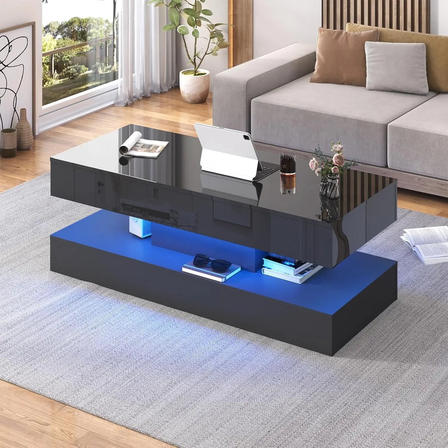 47.3IN High Glossy LED Coffee Table,Modern Center Table with 2 Storage Drawers for Living Room (White & Black)