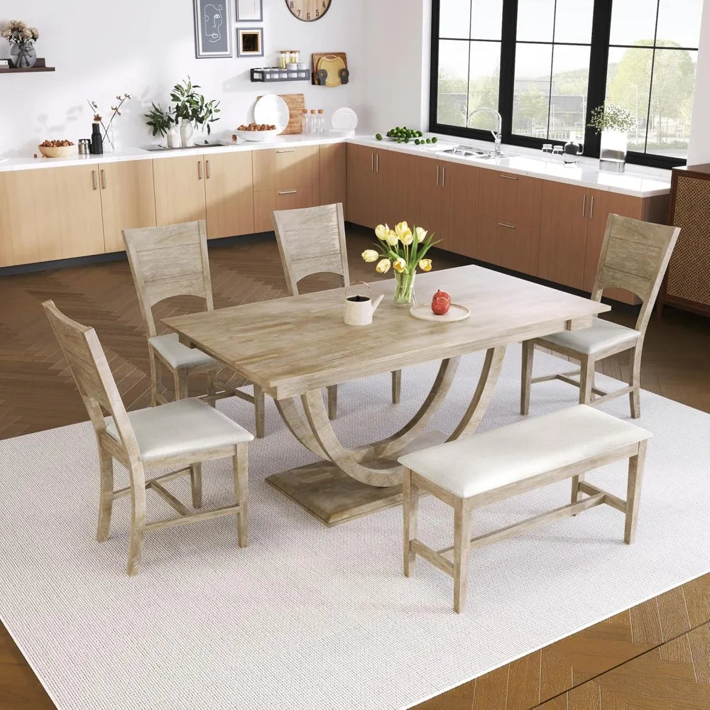 6 piece dining table set with bench and chairs for 6 persons, farmhouse kitchen dining room table set with rectangular table
