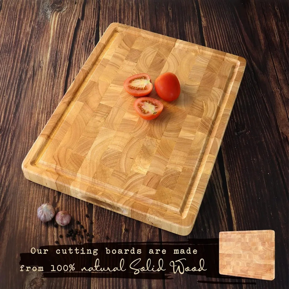 Block End Grain Cutting Board - 17x13x1.5in Reversible Multipurpose Chopping Board with Juice Groove, Cracker Holder