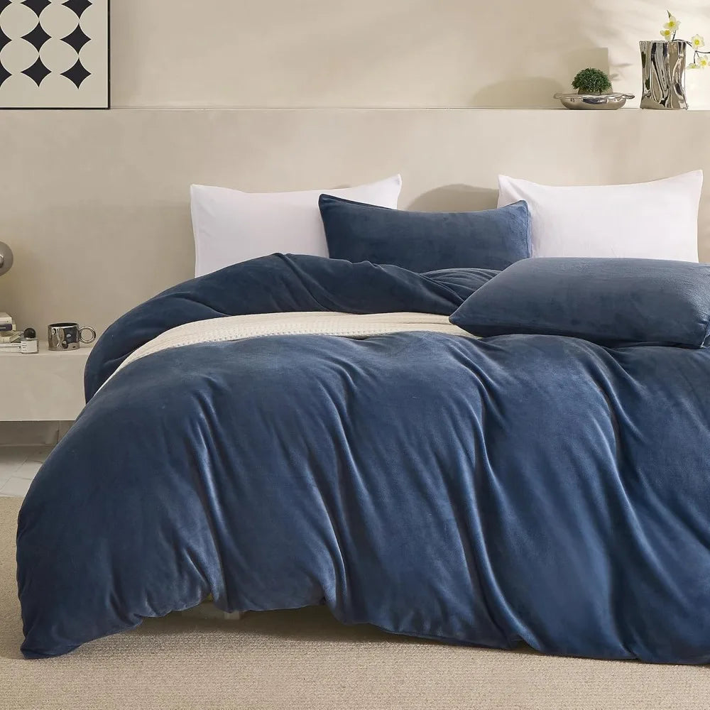 Luxurious Soft Flannel Duvet Cover Set - King Size Comforter Cover with 3 Pieces and 8 Corner Ties