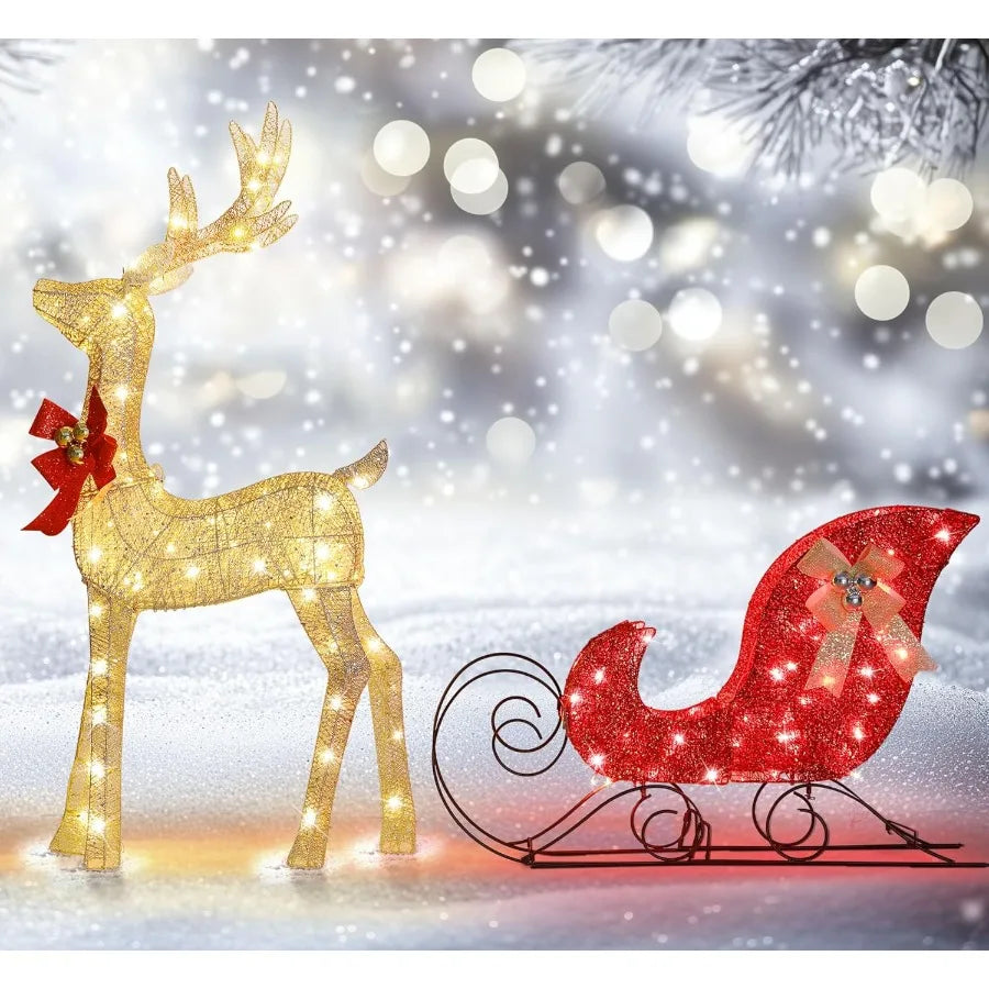 2Piece LightUp Reindeer and Sleigh Outdoor Christmas Decoration Set with 160 LED Lights for Holiday Yard Display 48'' Tall